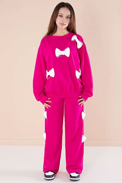 Cansın Mini Fuşya Fiyonklu İnci Detaylı Kız Çocuk Bisiklet Yaka 2li Eşofman T...