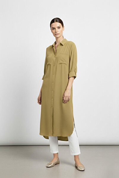 Puane Women's Long Buttoned Oversize Shirt with Pockets -10764 - Olive