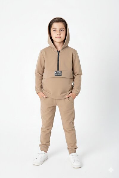 Cansın Mini طقم باراشوت بني بقلنسوة للأولاد - 20153