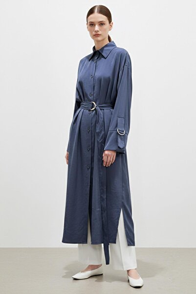 Puane Жіноча сорочка з довгими ґудзиками та поясом -10753 - NAVY