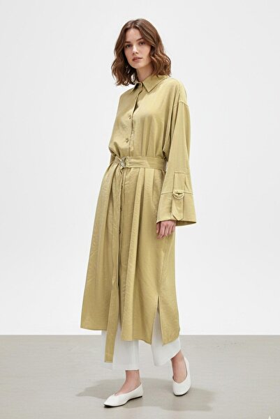 Puane قميص نسائي طويل بأزرار وحزام -10753 - زيتوني