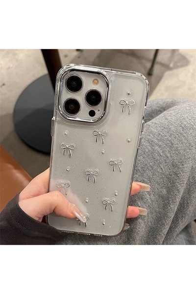 daystar iPhone 11 Compatible Transparent Durable Phone Case with Bow Pattern and Pearls