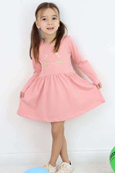 Breeze Kız Çocuk Uzun Kollu Elbise Renkli Çiçek Nakışlı 1.5-5 Yaş, Gülkurusu