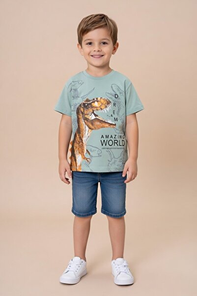 Cansın Mini Тениска за бебе момче с кръгло деколте и зелен принт на динозавър...