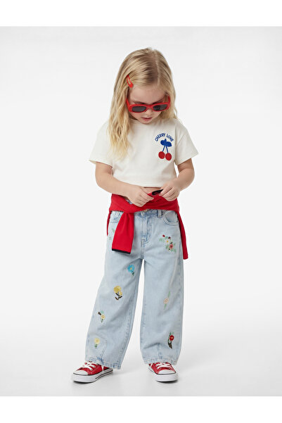 Koton Pantaloni din denim indigo pentru fetițe, cu broderie florală 6SMG40016AD
