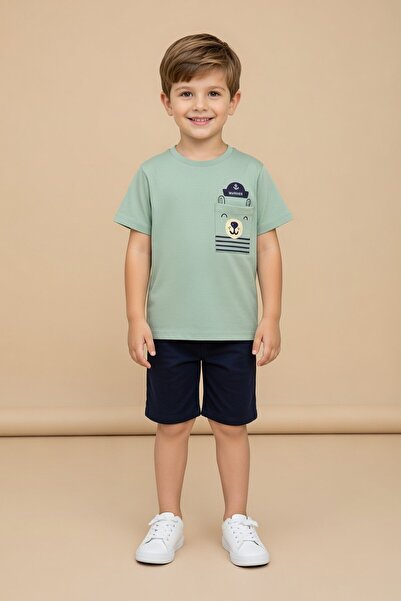 Cansın Mini Tricou pentru băieți cu buzunare imprimate ursuleț verde 20935