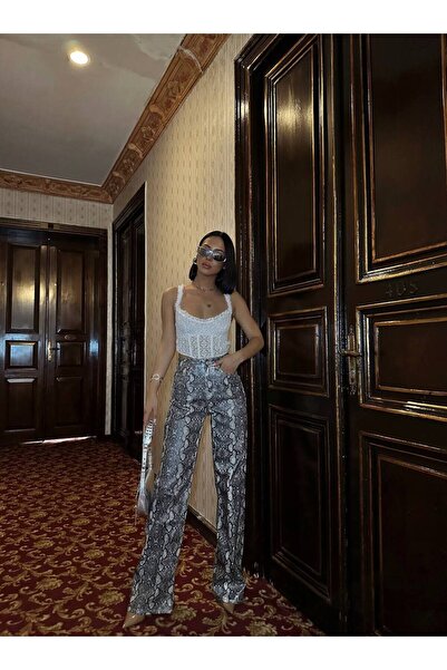 HerTon Metalik Yılan Derisi (Snake Print) Yüksek Bel Bol Paça Pantolon