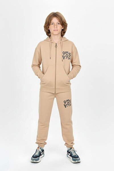 Cansın Mini Σετ φόρμας για αγόρι - Μπεζ, στάμπα με κείμενο, κουκούλα και ζακέ...