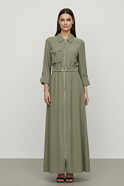 Puane Women's Zippered Shirt Collar Waist Belted Long Dress-12667 - Khaki