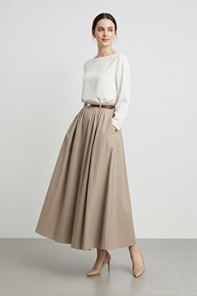 Soul Kemer Detaylı Yüksek Bel Uzun Pileli Kadın Etek-32463 - DARK MINK