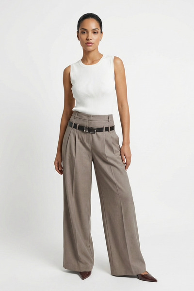 Setre Comfortable Cut Wide-Leg Trousers with Mink Pleat Detail and Belt