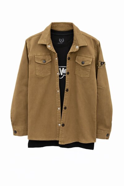 Cansın Mini قميص من الكتان البني برقبة دائرية تي شيرت مطبوع للأولاد طقم مكون ...