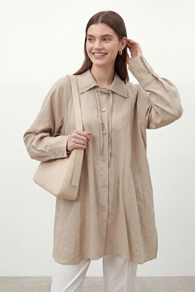 Puane Women's Shirt with Collar, Front Buttons and Lace Detail -10772Gml - Beige