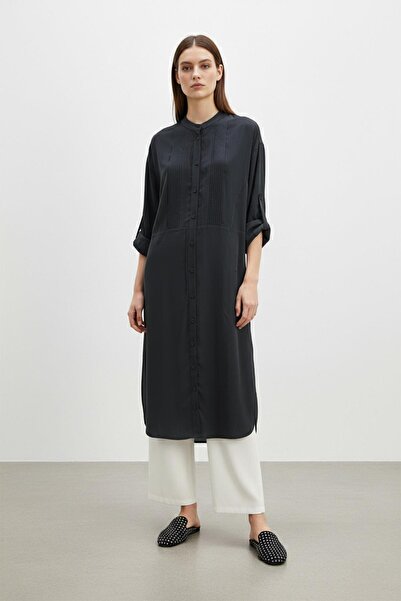 Puane Women's Long Sleeve High Collar Buttoned Pleated Detailed Long Tunic – ...