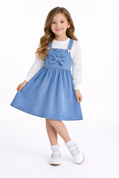 Cansın Mini Mavi Fiyonklu Salopetli ve Kol Detaylı Badili Kız Çocuk 2li Takım...