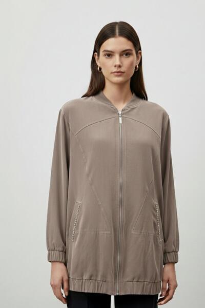 Puane Women's Suede Jacket with Pocket Detail and Zipper - 15258Ckt - Brown