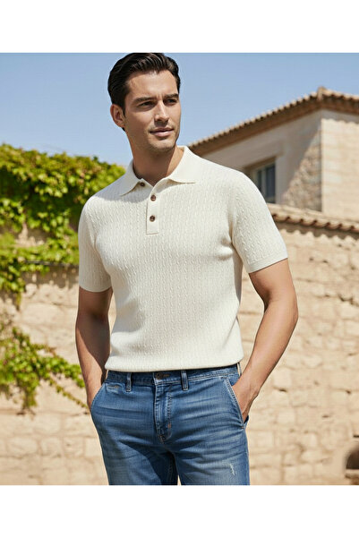 JAKC WAYS Sweat-Proof Polo Collar Ecru Knitwear T-Shirt