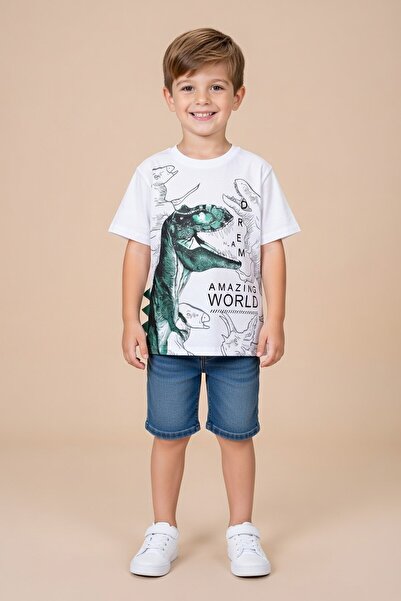 Cansın Mini Ecru Dinosaur Printed Crew Neck Baby Boy T-Shirt 20952