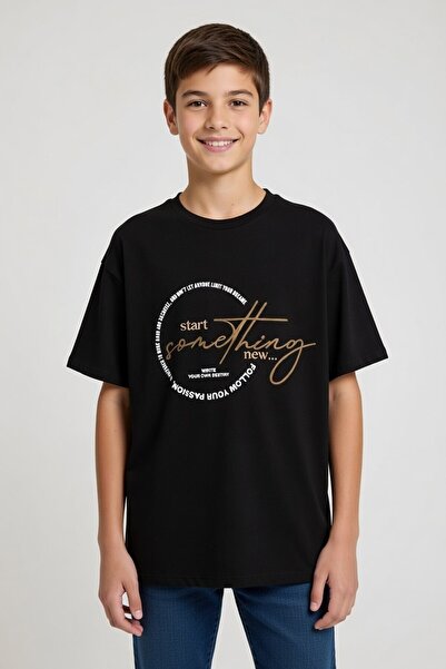 Cansın Mini Μαύρο κεντημένο μπλουζάκι με λαιμόκοψη για αγόρι 20895