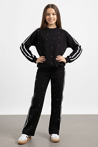 Cansın Mini Siyah İnci İşlemeli Bisiklet Yaka Kız Çocuk Şeritli Eşofman Takım...