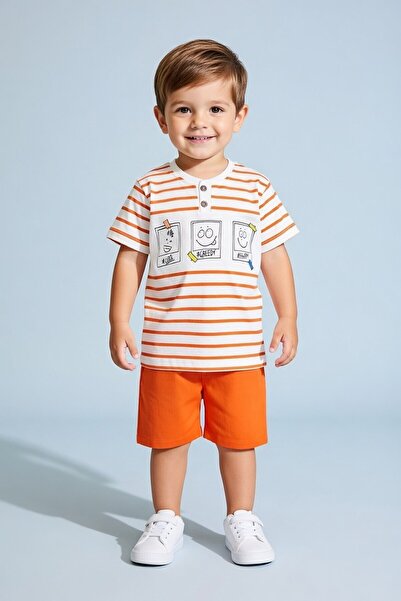 Cansın Mini طقم شورت بطبعة رموز تعبيرية مخططة باللون البرتقالي للأطفال الأولا...
