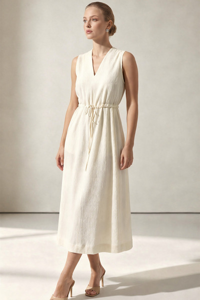 Setre Cream V-Neck Sleeveless Dress with Waist Tie Detail