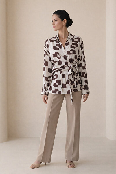 Setre Cream - Bitter Brown Full-Fit Long Sleeve Shirt with Belt Detail at the...