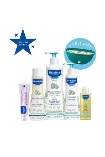 mustela baby A set for baby skin care, diaper rash cream, gentle shampoo, moi...