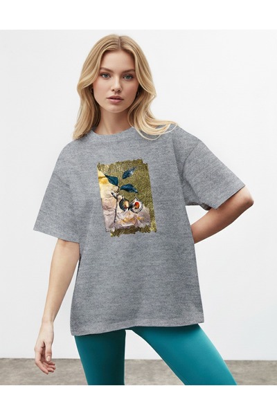 caddekombin Women's Oversize Blue Leaf Printed Gray T-Shirt