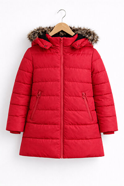 REGOS معطف أحمر منتفخ للفتيات بغطاء رأس موديل شتوي طويل من الفرو