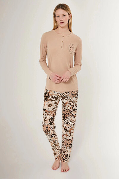 Arnetta Nap Time Is Happy Ανοιχτό καφέ γυναικείο μακρυμάνικο σετ πιτζάμες