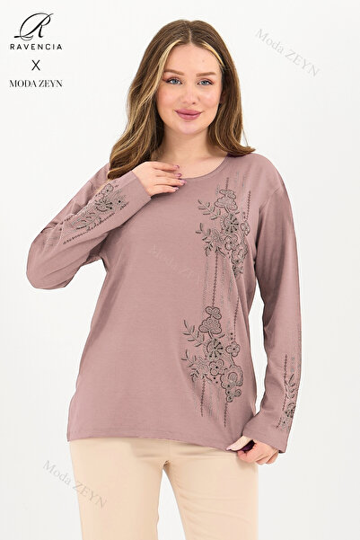 Ravencia Γυναικεία μπλούζα με ροζ ρίγες, κεντημένη με πέτρες, με σχισμή, από ...