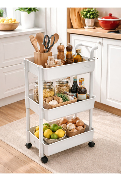 ALQANNAS عربة تخزين خضراوات بلاستيكية بثلاثة أرفف مع قاعدة سلة أكريليك وعجلات