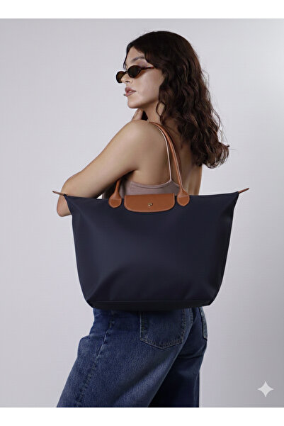 BDR Folding Zippered Large Size Navy Blue Tan Women's Hand and Shoulder Bag