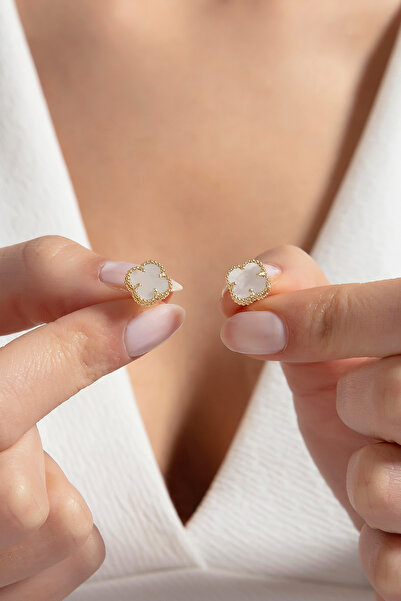 SARIASLAN Dört Yapraklı Yonca 925 Ayar Gümüş Küpe 14 Ayar Altın Renginde