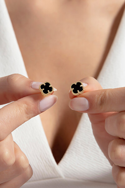 SARIASLAN Dört Yapraklı Yonca 925 Ayar Gümüş Küpe 14 Ayar Altın Renginde