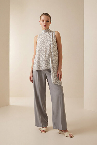 Setre Ecru-Grey Patterned Sleeveless Comfortable Cut Blouse with Tie Detail