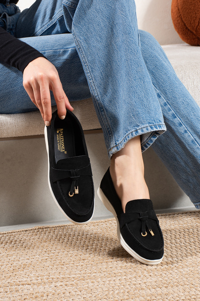 Pazzyonez Pantofi de damă din piele de căprioară neagră, confortabili, ocazio...