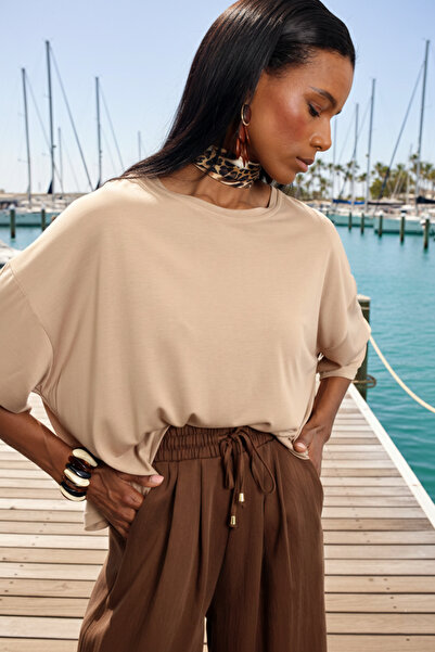 5in1Canpolat Camel Crew Neck Draped T-Shirt 30302