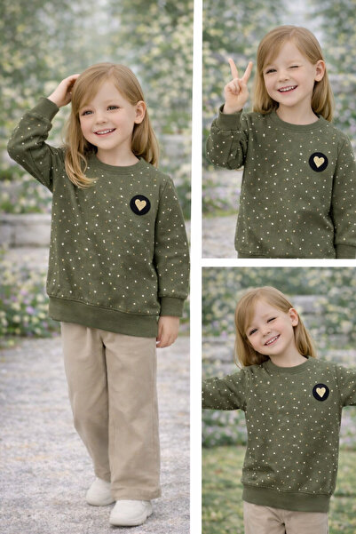 kahkaha kids Kız Çocuk Haki Puantiyeli Sweatshirt Kazak Kalp Patch Detaylı Me...