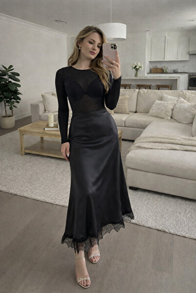 SARA Kadın Siyah Saten Midi Etek Dantel Detaylı Yüksek BelSaten A-Kesim (Yarı...