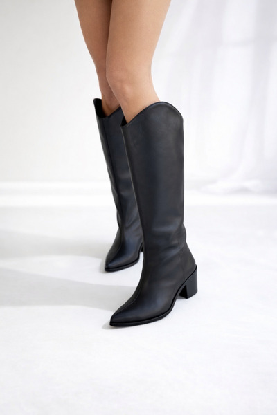 POTEEN Leo Kadın XL Kesim Geniş Konç Kalın Topuklu Çizme C320-Siyah