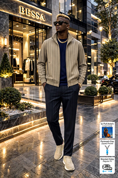 BESSA Μπεζ σετ αθλητικής φόρμας με ψηλό γιακά, ριγέ ύφασμα Vorteks, ίσια μπατ...