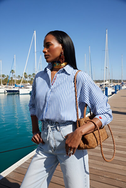 5in1Canpolat Cămașă cu dungi și broderie Blue Love 18109