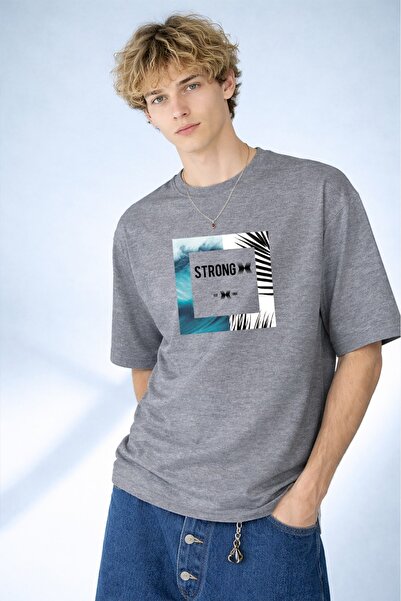 caddekombin Мъжка силна печатна сива тениска с дизайн на морска вълна и палмо...