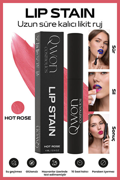 QWON Soyulabilir Ruj Hot Rose Lip Stain Gün Boyu Kalıcı Bulaşmayan Dudak Dövmesi