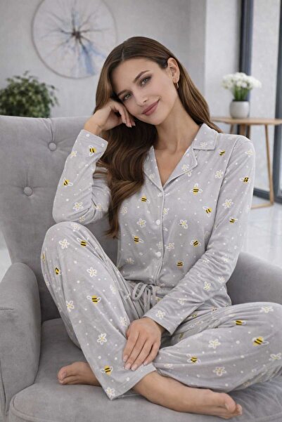 VAKİATR طقم بيجامة نسائية بأكمام طويلة وأزرار أمامية vakia.tr