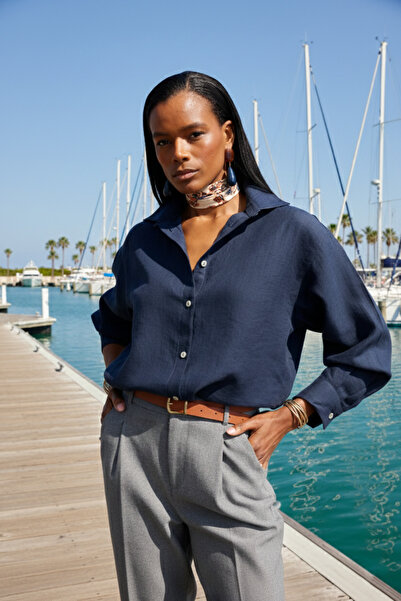 5in1Canpolat Тъмносиня риза от тенсел 17441