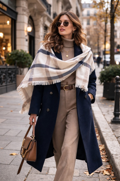 KRAFTELLA Cream Plaid Patterned Wool Shoulder Shawl |   Soft Textured Winter ...
