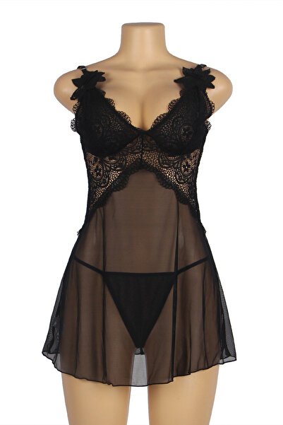 Lingerie and Fashion Style V Neck Black Lace Stitching Strap with Flower